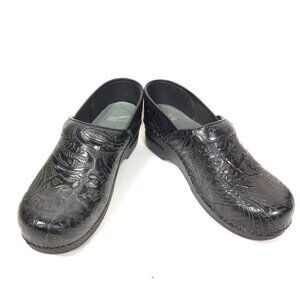 Dansko Professional Tooled Embossed Leather Clogs Black Womens Size 38 EU 7.5–8